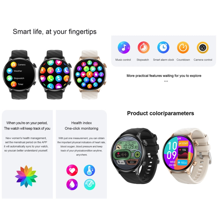 ZW63 1.39 inch Round Screen Smart Watch, Heart Rate / Blood Pressure / Blood Sugar / Blood Oxygen / Body Temperature / MET Test(Black)