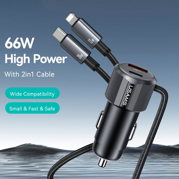 USAMS CC287 YT Series 66W USB and Type-C Dual Ports Car Fast Charger with 2 in 1 Cable(Black)