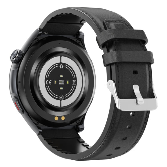 T82 1.43 inch Round Screen BT Call Smart Watch, Heart Rate / Blood Pressure / Blood Oxygen / Sleep / Blood Sugar / HRV / Metope / SOS, Strap:Leather Black
