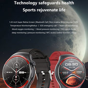 T82 1.43 inch Round Screen BT Call Smart Watch, Heart Rate / Blood Pressure / Blood Oxygen / Sleep / Blood Sugar / HRV / Metope / SOS, Strap:Stainless Steel Black