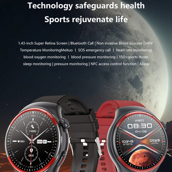 T82 1.43 inch Round Screen BT Call Smart Watch, Heart Rate / Blood Pressure / Blood Oxygen / Sleep / Blood Sugar / HRV / Metope / SOS, Strap:Silicone Red