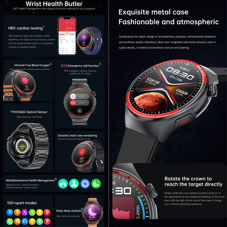 T82 1.43 inch Round Screen BT Call Smart Watch, Heart Rate / Blood Pressure / Blood Oxygen / Sleep / Blood Sugar / HRV / Metope / SOS, Strap:Stainless Steel Black
