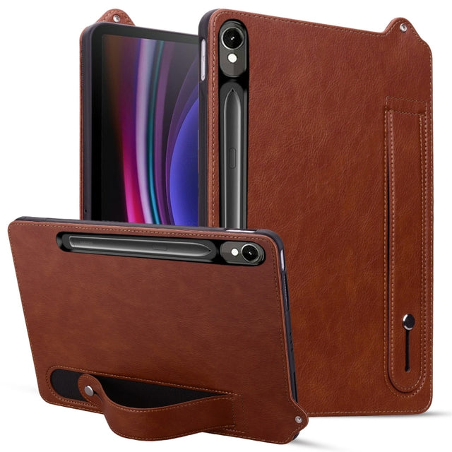 For Samsung Galaxy Tab S10 / S9 / S8 / S7 TPU Leather Back Tablet Case with Wristband(Brown)