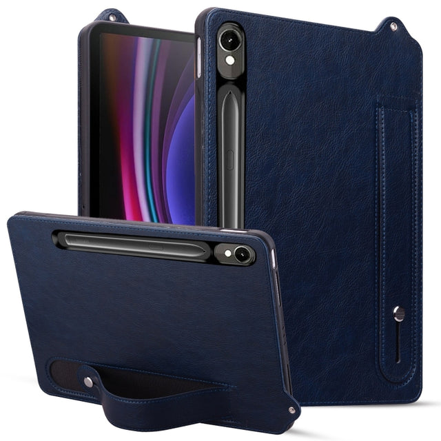 For Samsung Galaxy Tab S10 / S9 / S8 / S7 TPU Leather Back Tablet Case with Wristband(Dark Blue)