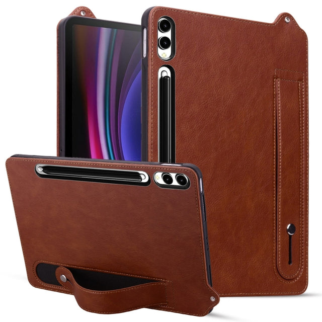 For Samsung Galaxy Tab S10+ / S9+ / S8+ TPU Leather Back Tablet Case with Wristband(Brown)