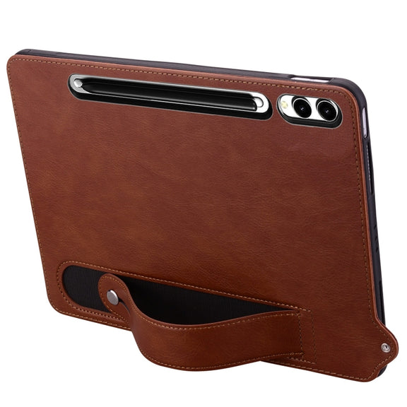 For Samsung Galaxy Tab S10 Ultra / S9 Ultra TPU Leather Back Tablet Case with Wristband(Brown)