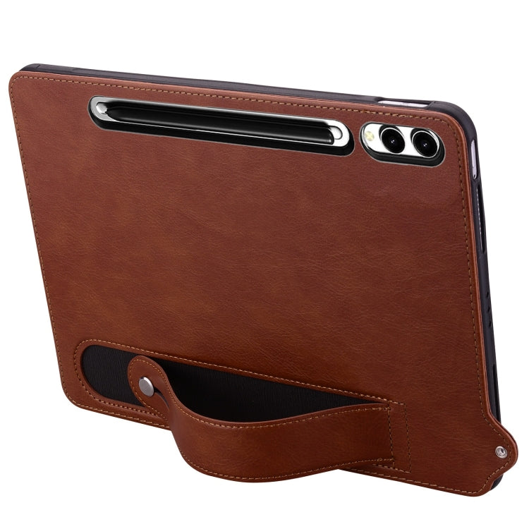 For Samsung Galaxy Tab S10 Ultra / S9 Ultra TPU Leather Back Tablet Case with Wristband(Brown)