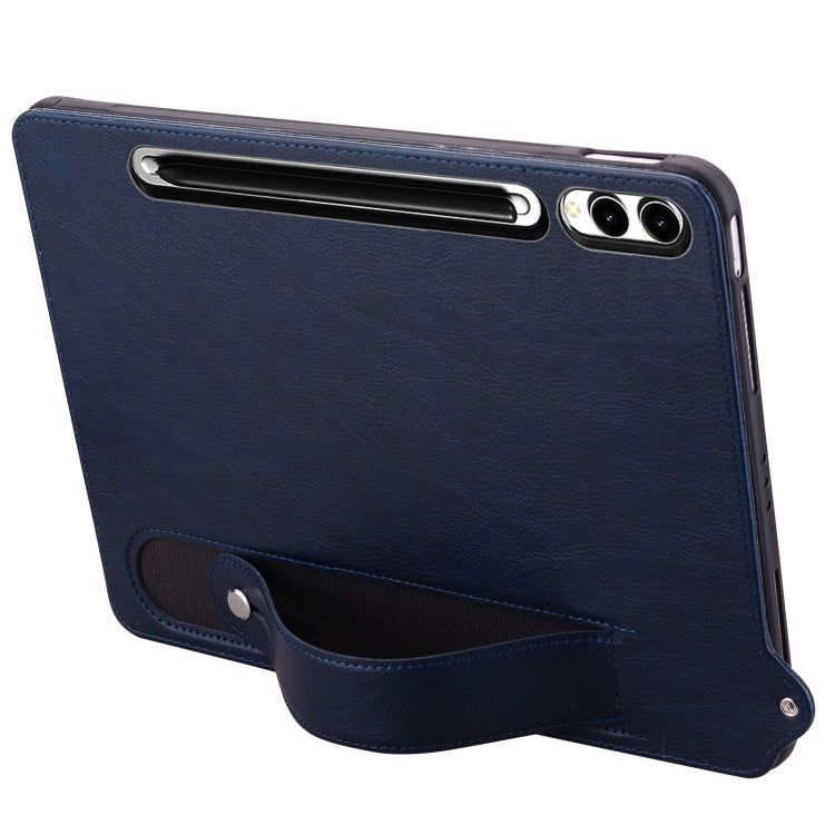 For Samsung Galaxy Tab S10 Ultra / S9 Ultra TPU Leather Back Tablet Case with Wristband(Dark Blue)