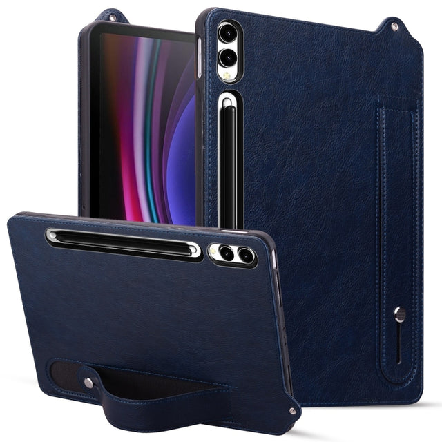 For Samsung Galaxy Tab S10 Ultra / S9 Ultra TPU Leather Back Tablet Case with Wristband(Dark Blue)