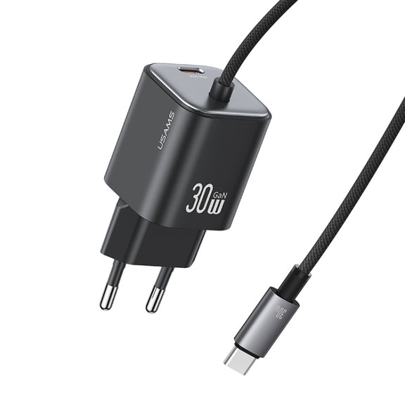 USAMS CC264 30W GaN Mini Type-C / USB-C Dual Port Fast Charger with Cable, EU Plug(Black)