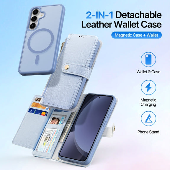 For Samsung Galaxy S25 5G DUX DUCIS Lawa Series 2 in 1 Wallet Zipper Detachable MagSafe Phone Case with Lanyard(Light Blue)