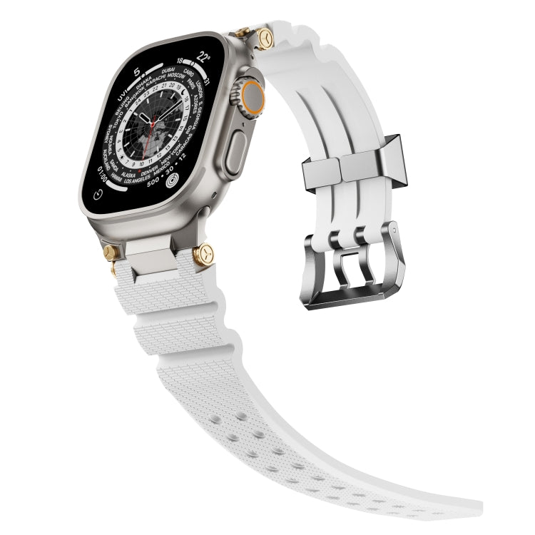 For Apple Watch 46mm / 49mm / 45mm / 44mm Cool Dual-Row Holes Silicone Watch Band(White Silver)