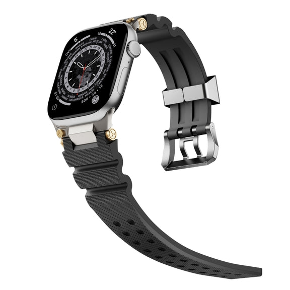 For Apple Watch 42mm / 41mm / 40mm / 38mm Cool Dual-Row Holes Silicone Watch Band(Black Silver)