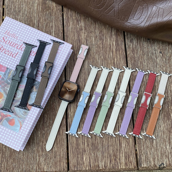 For Apple Watch 46mm / 49mm / 45mm / 44mm 14mm Magnetic Buckle Litchi Leather Watch Band(Pink Beige)