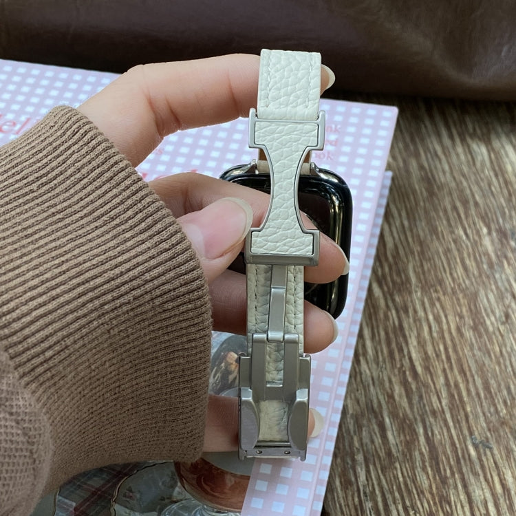 For Apple Watch 46mm / 49mm / 45mm / 44mm 14mm Magnetic Buckle Litchi Leather Watch Band(Pink Beige)