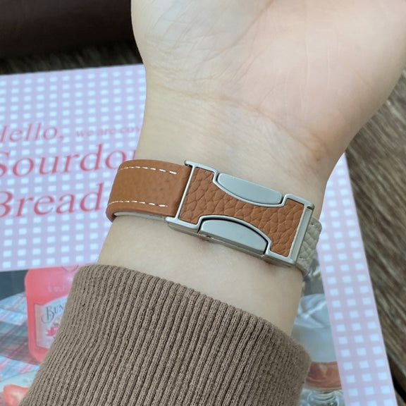 For Apple Watch 46mm / 49mm / 45mm / 44mm 14mm Magnetic Buckle Litchi Leather Watch Band(Pink Beige)
