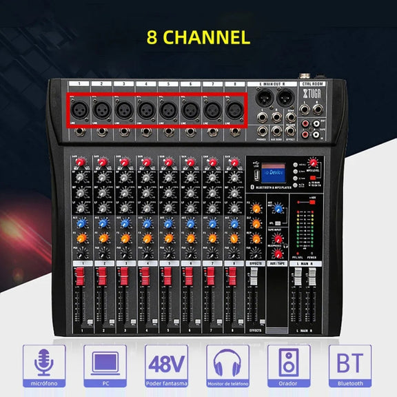 XTUGA CT80X 8-Channels Audio Mixer DJ Mixing Console with 48V Power Supply(US Plug)