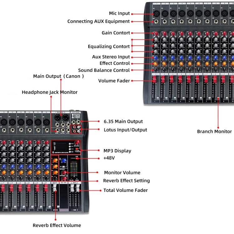 XTUGA CT160X 16-Channels Audio Mixer DJ Mixing Console with 48V Power Supply(EU Plug)