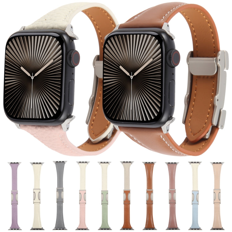 For Apple Watch 46mm / 49mm / 45mm / 44mm Slim Magnetic Buckle Genuine Leather Watch Band(Light Pink)