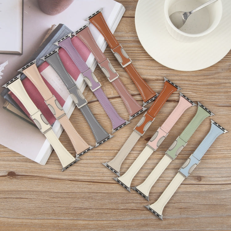 For Apple Watch 46mm / 49mm / 45mm / 44mm Slim Magnetic Buckle Genuine Leather Watch Band(Light Pink)