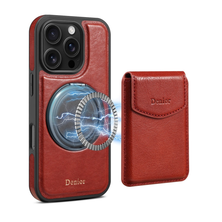 For iPhone 16 Pro Denior D22 Genuine Leather MagSafe Holder Detachable Card Slot Phone Case(Brown) - free shipping - PMC Jewellery - Order now!
