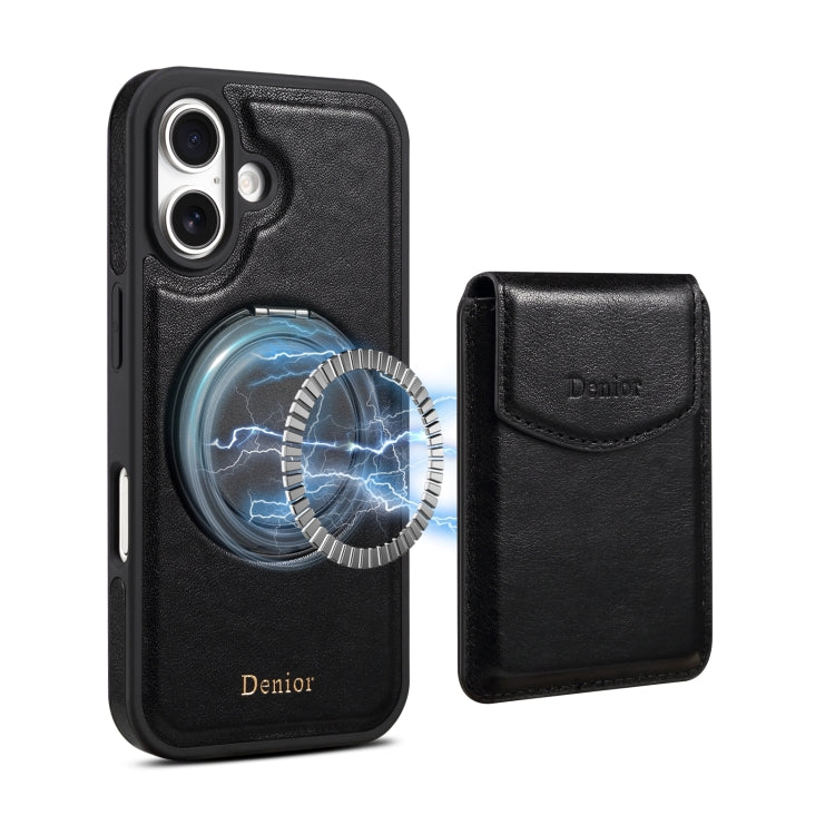 For iPhone 16 Plus Denior D22 Genuine Leather MagSafe Holder Detachable Card Slot Phone Case(Black) - free shipping - PMC Jewellery - Order now!