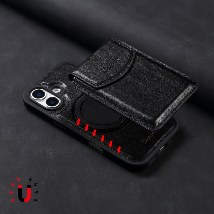 For iPhone 16 Plus Denior D22 Genuine Leather MagSafe Holder Detachable Card Slot Phone Case(Black) - free shipping - PMC Jewellery - Order now!