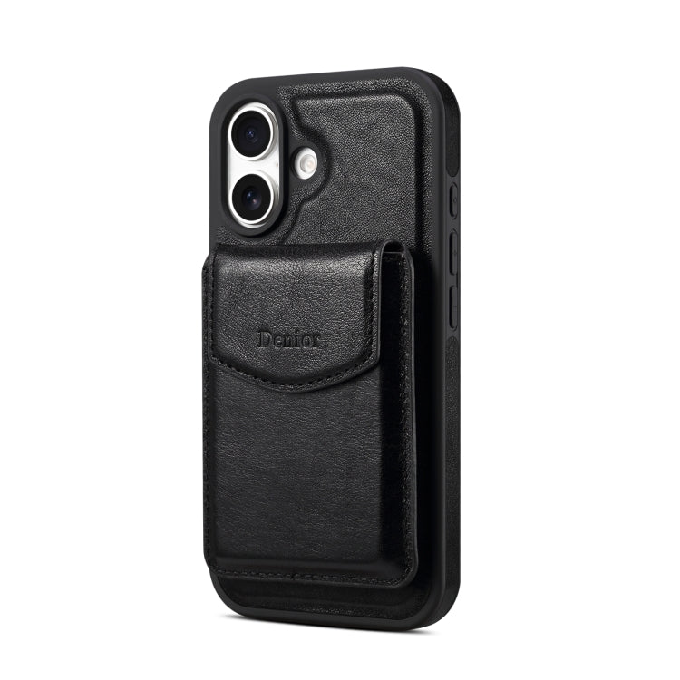 For iPhone 16 Denior D22 Genuine Leather MagSafe Holder Detachable Card Slot Phone Case(Black) - free shipping - PMC Jewellery - Order now!