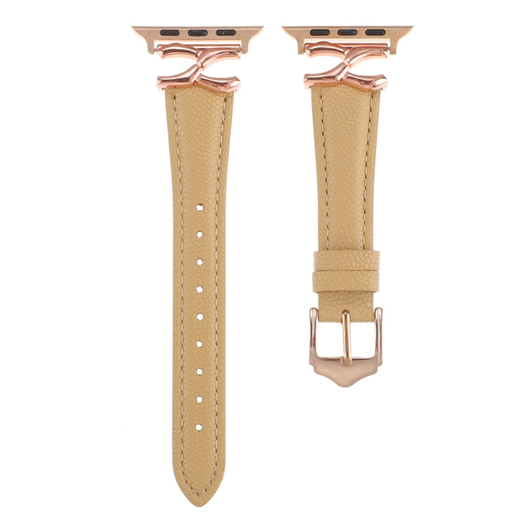 For Apple Watch 46mm / 49mm / 45mm / 44mm X-shaped Buckle Genuine Leather Watch Band(Khaki) - Watch Bands by PMC TechLife | Online Shopping South Africa | PMC TechLife | Buy Now Pay Later Mobicred