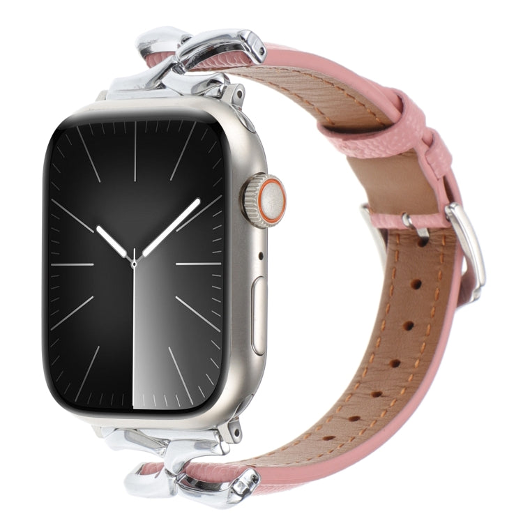 For Apple Watch 42mm / 41mm / 40mm / 38mm X-shaped Buckle Genuine Leather Watch Band(Pink) - Watch Bands by PMC TechLife | Online Shopping South Africa | PMC TechLife | Buy Now Pay Later Mobicred