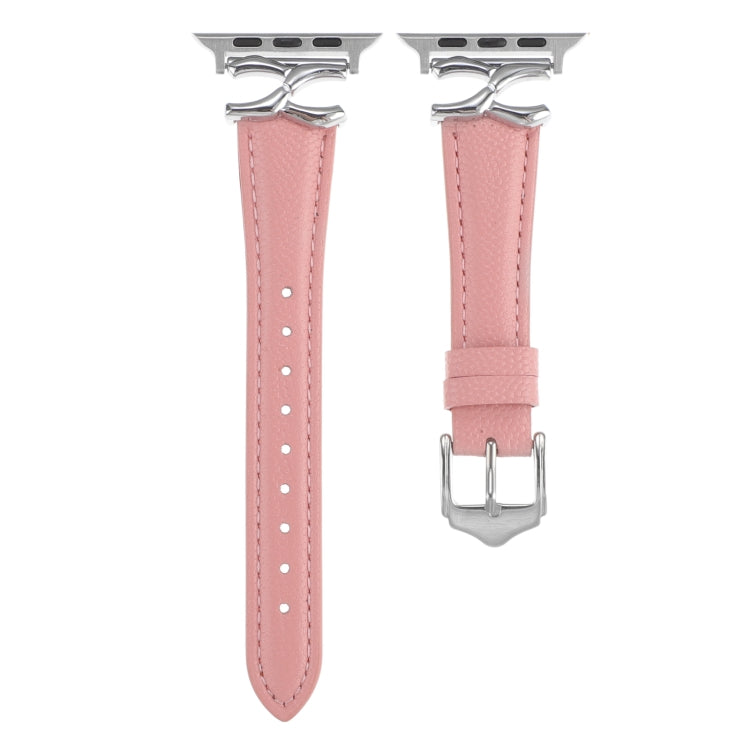 For Apple Watch 42mm / 41mm / 40mm / 38mm X-shaped Buckle Genuine Leather Watch Band(Pink) - Watch Bands by PMC TechLife | Online Shopping South Africa | PMC TechLife | Buy Now Pay Later Mobicred