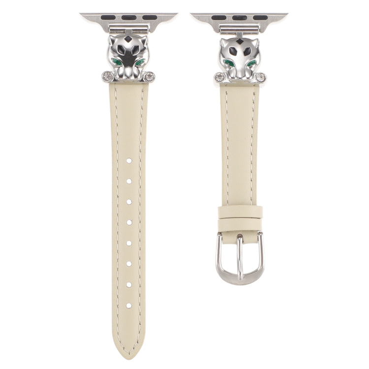 For Apple Watch 46mm / 49mm / 45mm / 44mm Leopard Head Genuine Leather Watch Band(White Silver Buckle)