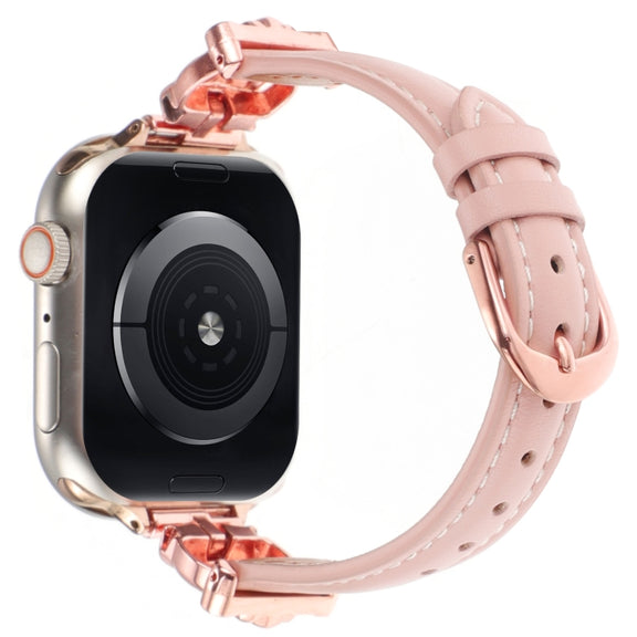 For Apple Watch 46mm / 49mm / 45mm / 44mm Leopard Head Genuine Leather Watch Band(Pink Rose Gold)