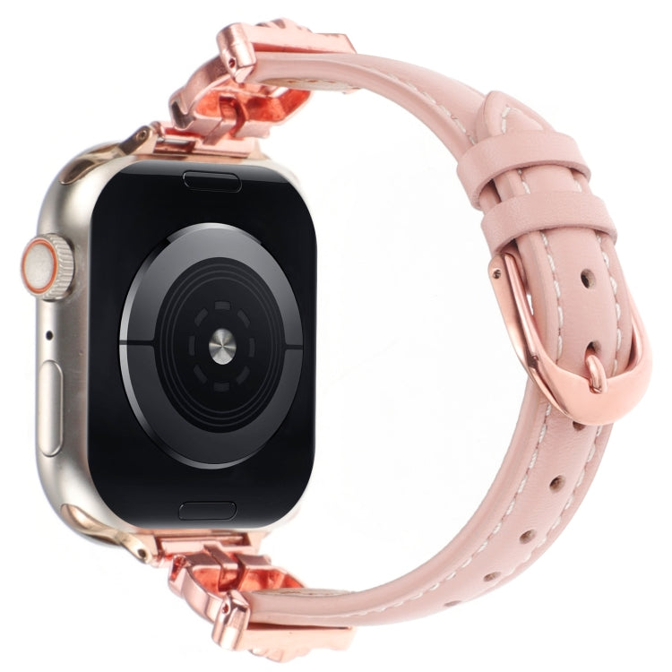 For Apple Watch 46mm / 49mm / 45mm / 44mm Leopard Head Genuine Leather Watch Band(Pink Rose Gold)