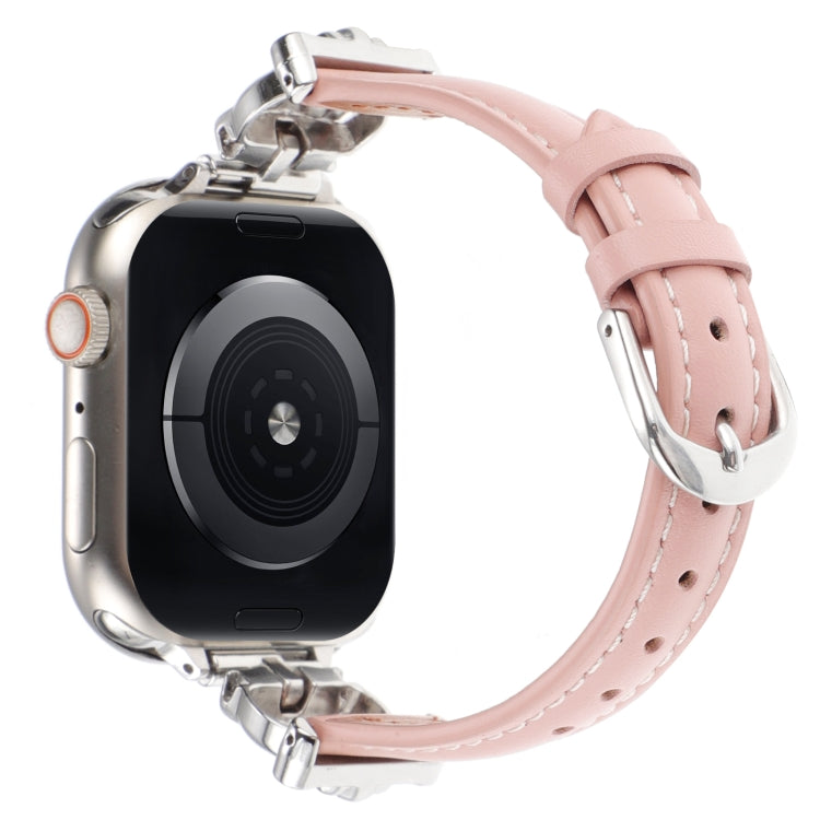 For Apple Watch 46mm / 49mm / 45mm / 44mm Leopard Head Genuine Leather Watch Band(Pink Silver Buckle)