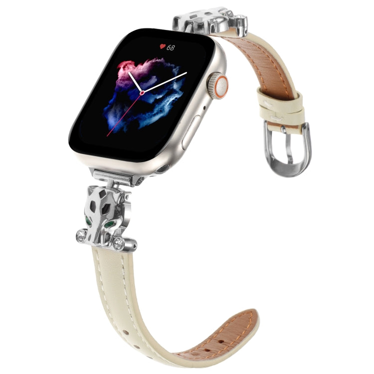 For Apple Watch 42mm / 41mm / 40mm / 38mm Leopard Head Genuine Leather Watch Band(White Silver Buckle)