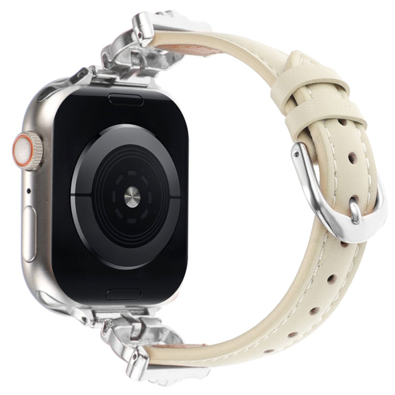 For Apple Watch 42mm / 41mm / 40mm / 38mm Leopard Head Genuine Leather Watch Band(White Silver Buckle)