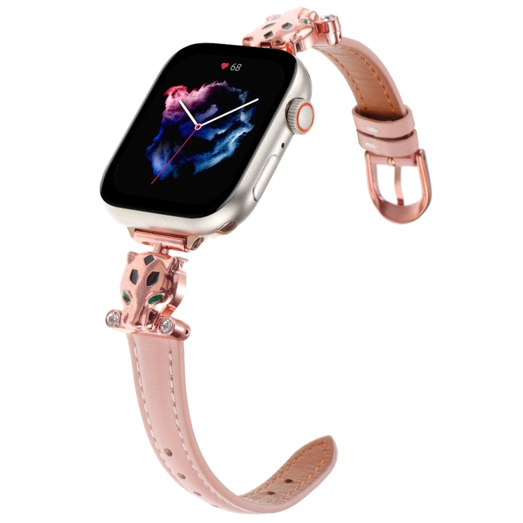 For Apple Watch 42mm / 41mm / 40mm / 38mm Leopard Head Genuine Leather Watch Band(Pink Rose Gold)
