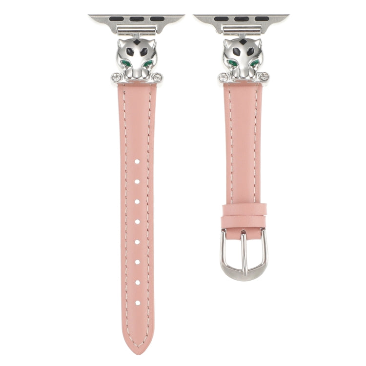 For Apple Watch 42mm / 41mm / 40mm / 38mm Leopard Head Genuine Leather Watch Band(Pink Silver Buckle)