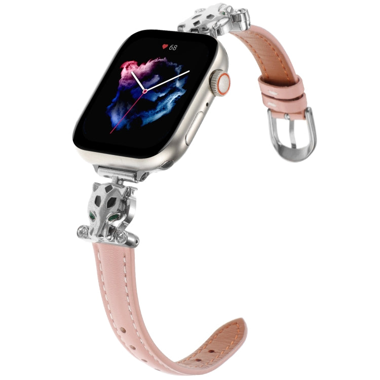 For Apple Watch 42mm / 41mm / 40mm / 38mm Leopard Head Genuine Leather Watch Band(Pink Silver Buckle)