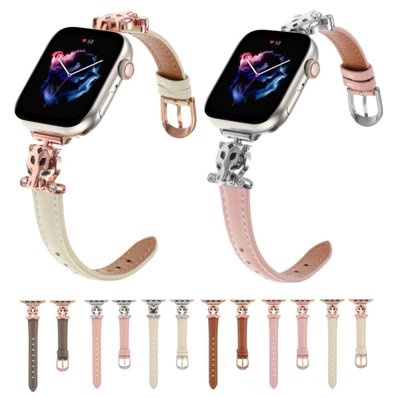 For Apple Watch 42mm / 41mm / 40mm / 38mm Leopard Head Genuine Leather Watch Band(White Silver Buckle)