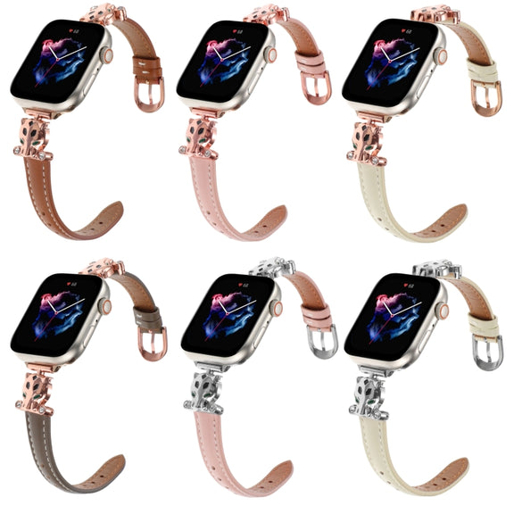 For Apple Watch 42mm / 41mm / 40mm / 38mm Leopard Head Genuine Leather Watch Band(Pink Silver Buckle)
