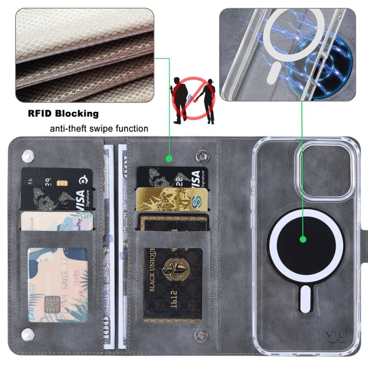 For iPhone 16 Pro Max ViLi GVS-C Series MagSafe Magnetic RFID Leather Flip Phone Case(Grey) - free shipping - PMC Jewellery - Order now!