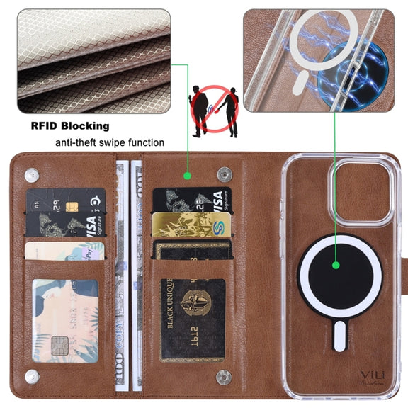For iPhone 16 Pro ViLi GVS-C Series MagSafe Magnetic RFID Leather Flip Phone Case(Brown)