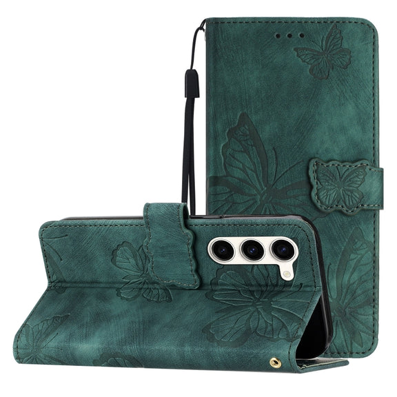 For Samsung Galaxy S25 5G Skin-feel Embossed Butterfly Leather Phone Case(Green)