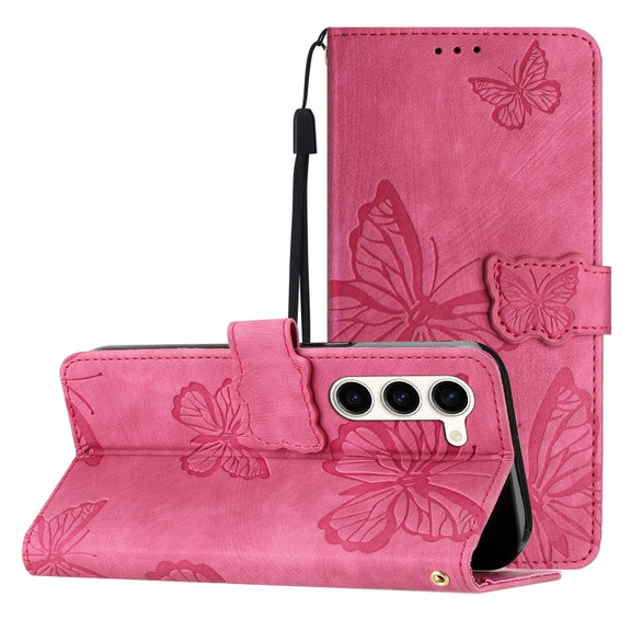 For Samsung Galaxy S25 5G Skin-feel Embossed Butterfly Leather Phone Case(Rose Red)