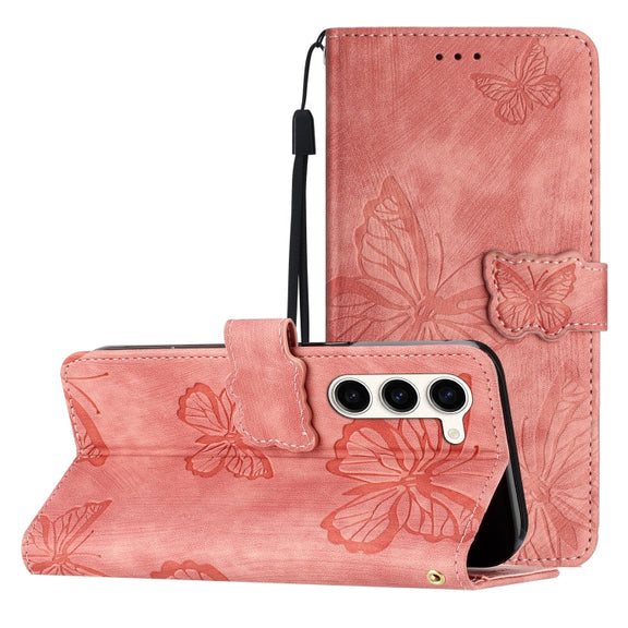 For Samsung Galaxy S25 5G Skin-feel Embossed Butterfly Leather Phone Case(Pink)