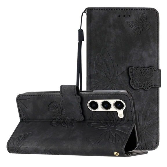 For Samsung Galaxy S25+ 5G Skin-feel Embossed Butterfly Leather Phone Case(Black)