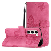 For Samsung Galaxy S25+ 5G Skin-feel Embossed Butterfly Leather Phone Case(Rose Red)