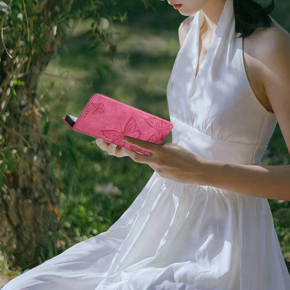 For Samsung Galaxy S25+ 5G Skin-feel Embossed Butterfly Leather Phone Case(Rose Red)